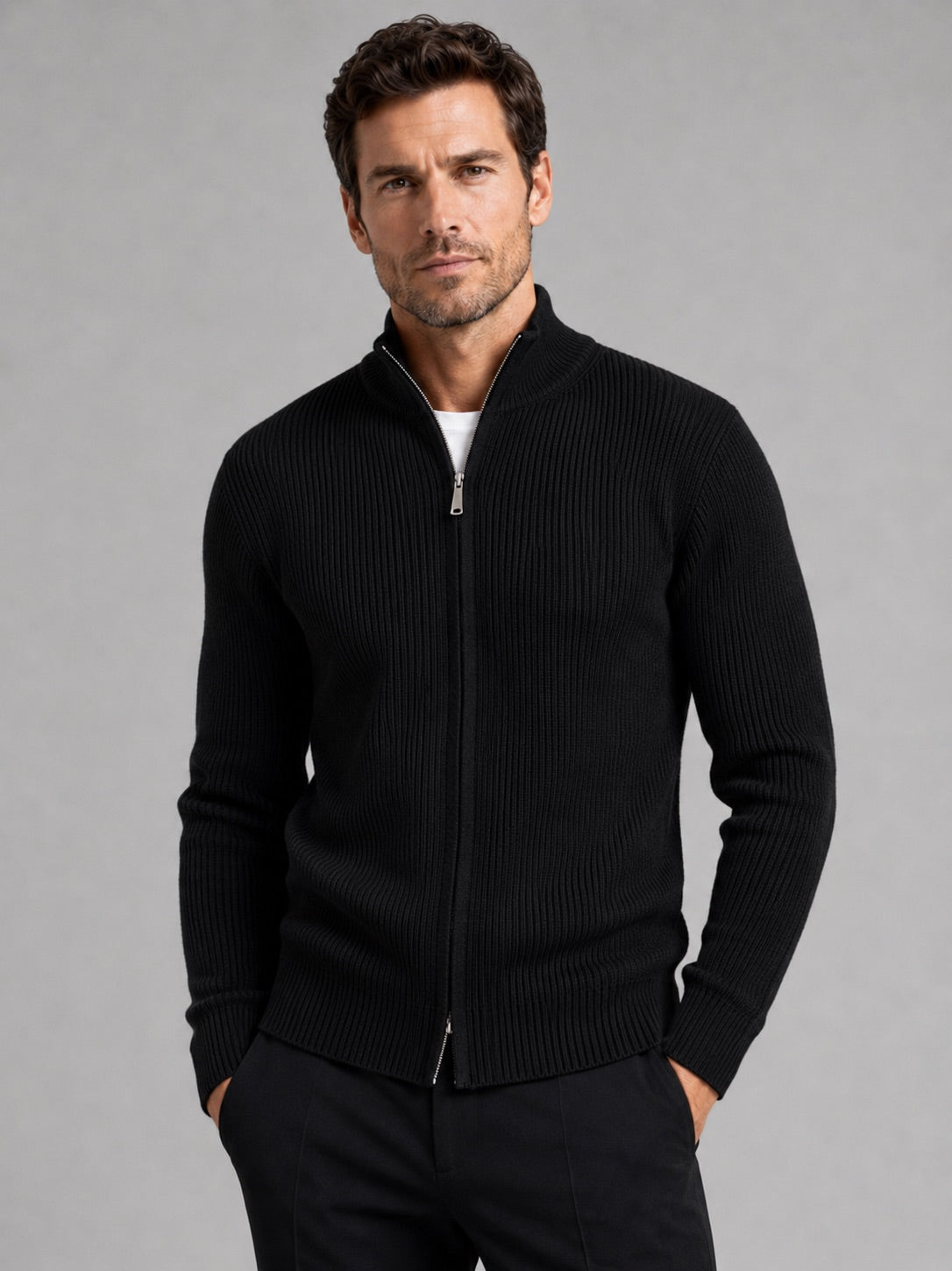 Men’s Ribbed Knit Cardigan Full Zip Stand Collar Slim Fit Long Sleeve Autumn Winter Jumper for Casual and Everyday Wear