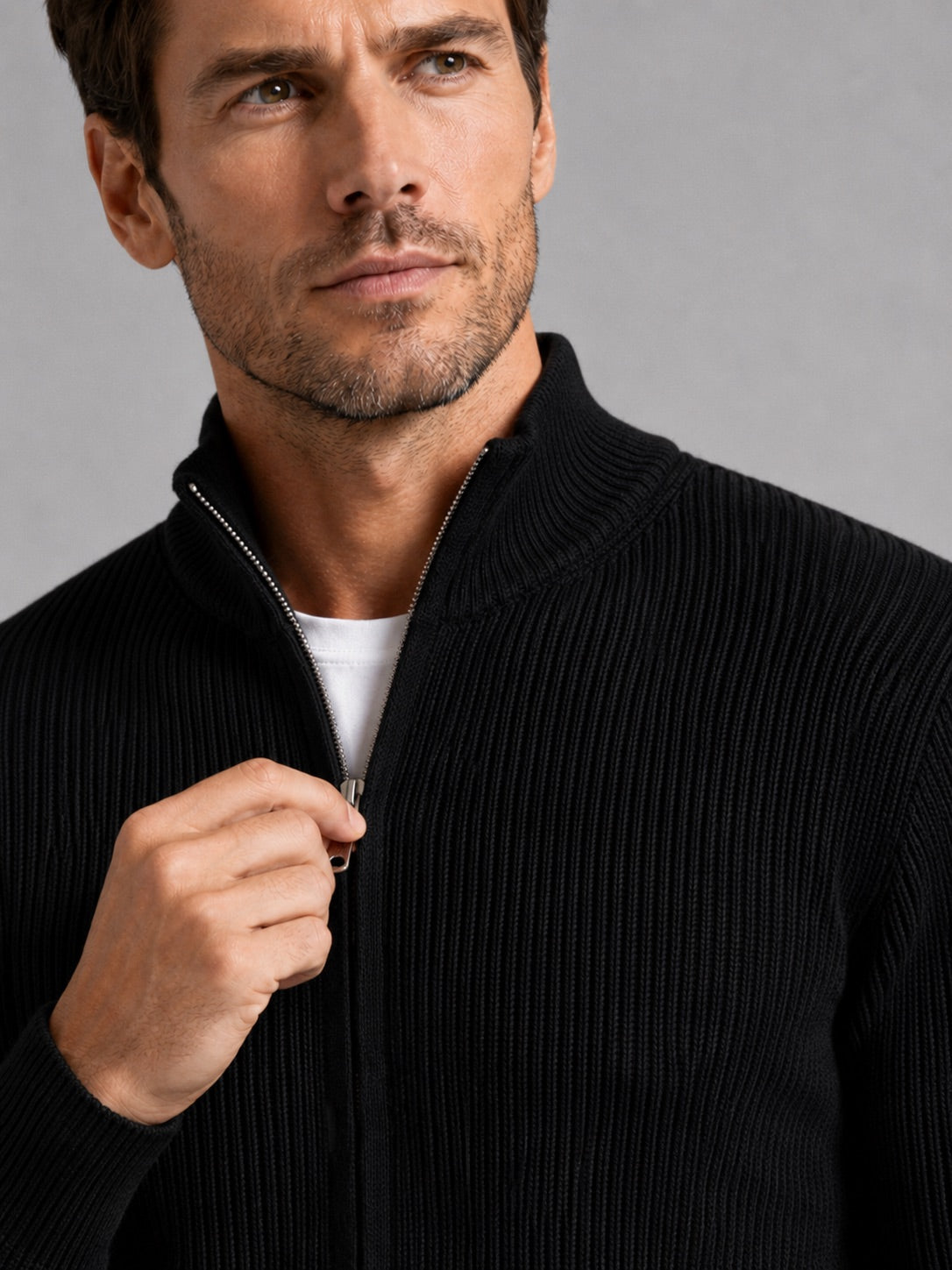 Men’s Ribbed Knit Cardigan Full Zip Stand Collar Slim Fit Long Sleeve Autumn Winter Jumper for Casual and Everyday Wear