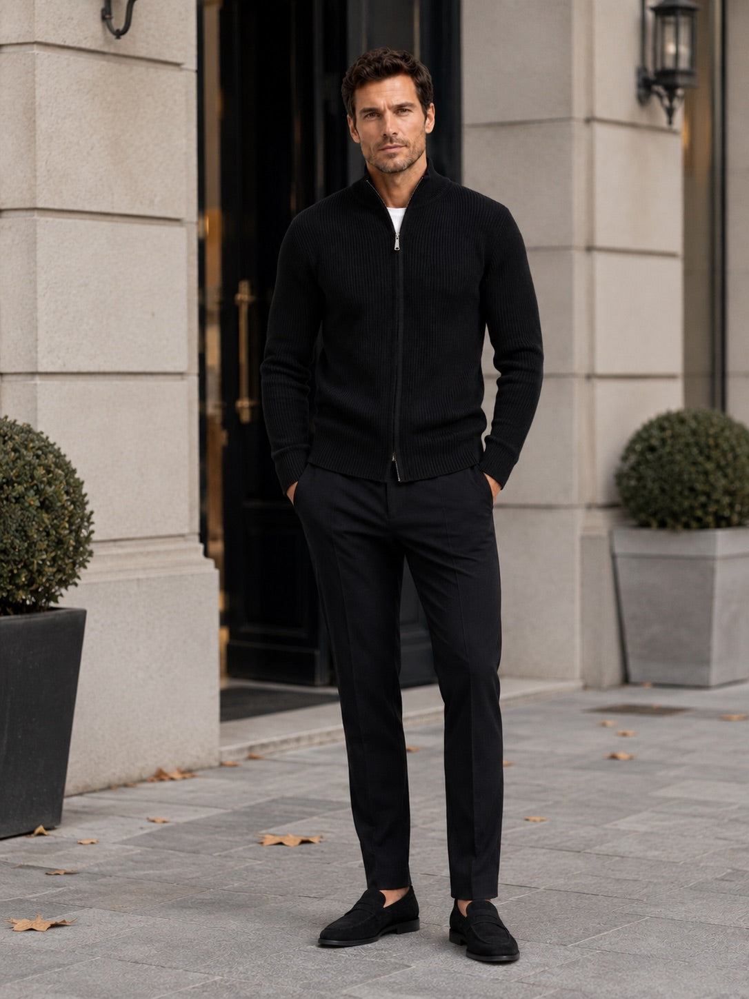 Men’s Ribbed Knit Cardigan Full Zip Stand Collar Slim Fit Long Sleeve Autumn Winter Jumper for Casual and Everyday Wear
