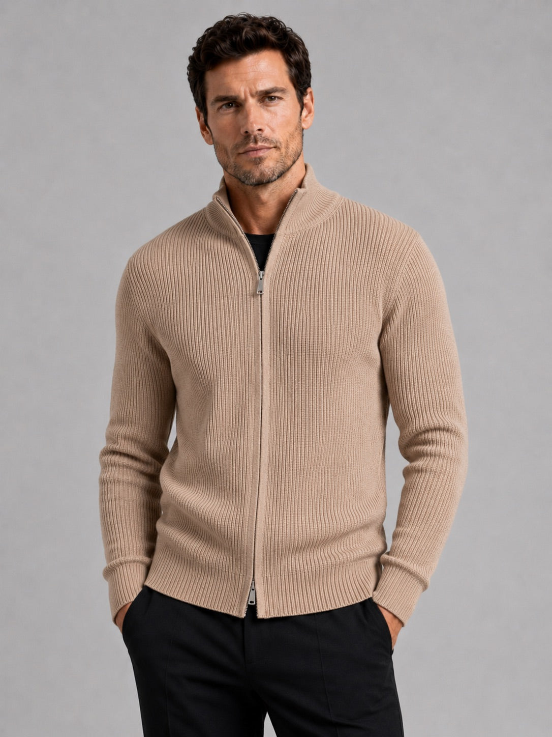Men’s Ribbed Knit Cardigan Full Zip Stand Collar Slim Fit Long Sleeve Autumn Winter Jumper for Casual and Everyday Wear