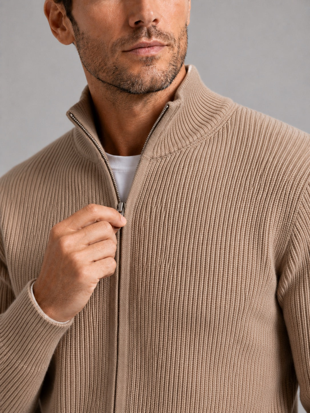 Men’s Ribbed Knit Cardigan Full Zip Stand Collar Slim Fit Long Sleeve Autumn Winter Jumper for Casual and Everyday Wear