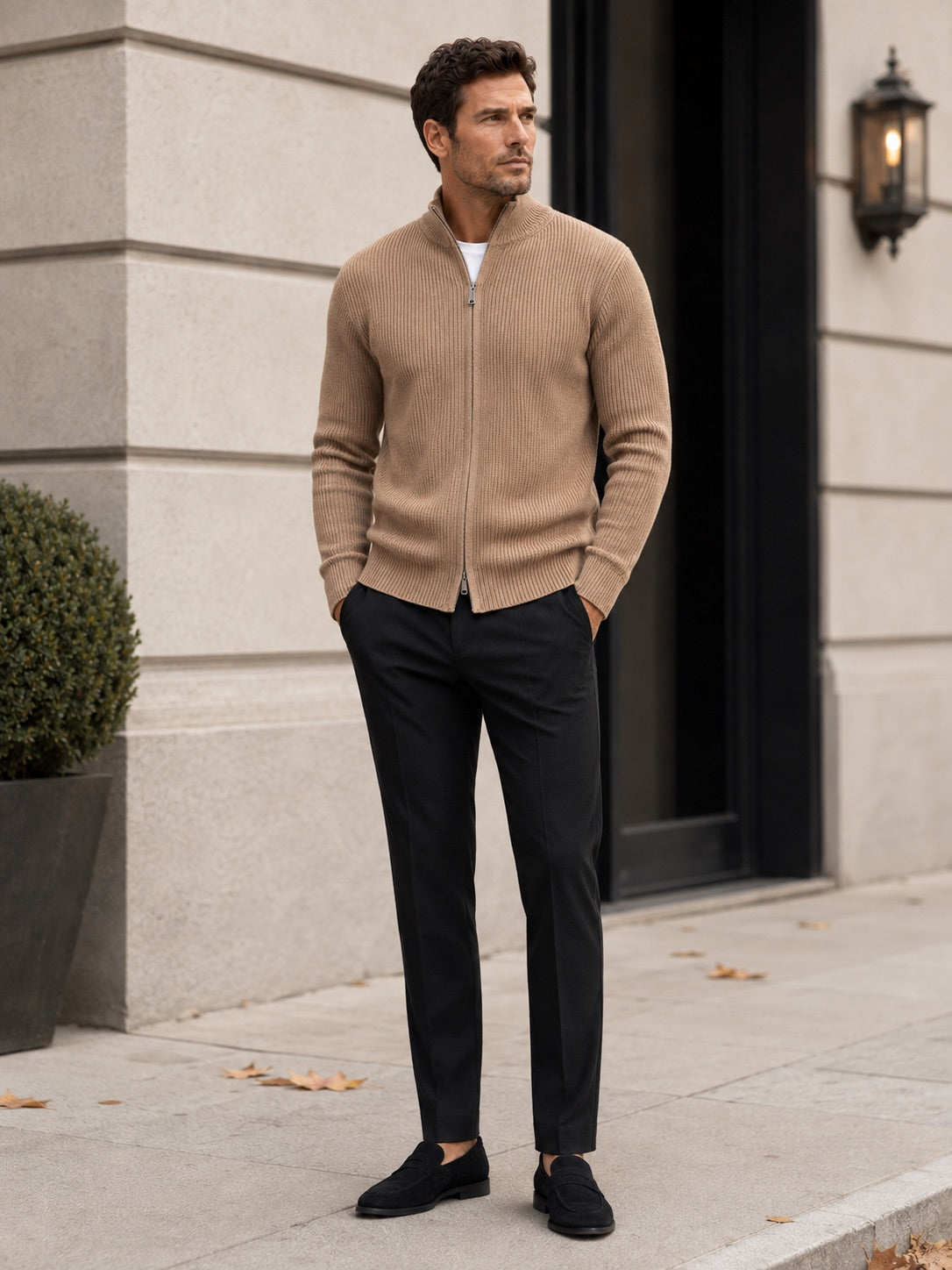 Men’s Ribbed Knit Cardigan Full Zip Stand Collar Slim Fit Long Sleeve Autumn Winter Jumper for Casual and Everyday Wear