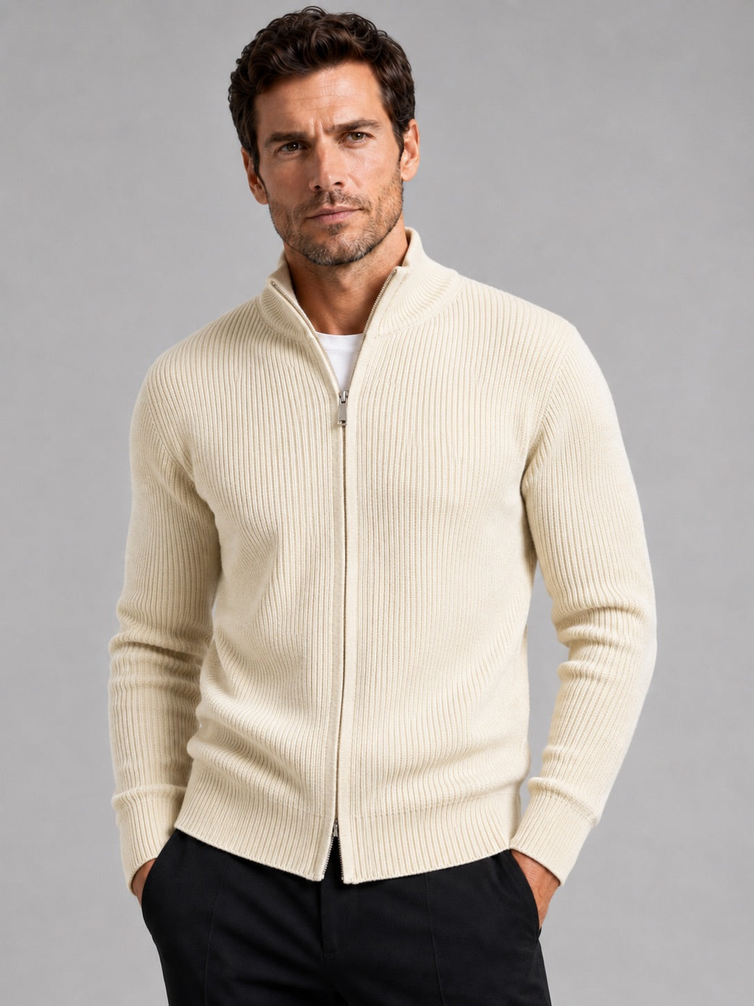 Men’s Ribbed Knit Cardigan Full Zip Stand Collar Slim Fit Long Sleeve Autumn Winter Jumper for Casual and Everyday Wear