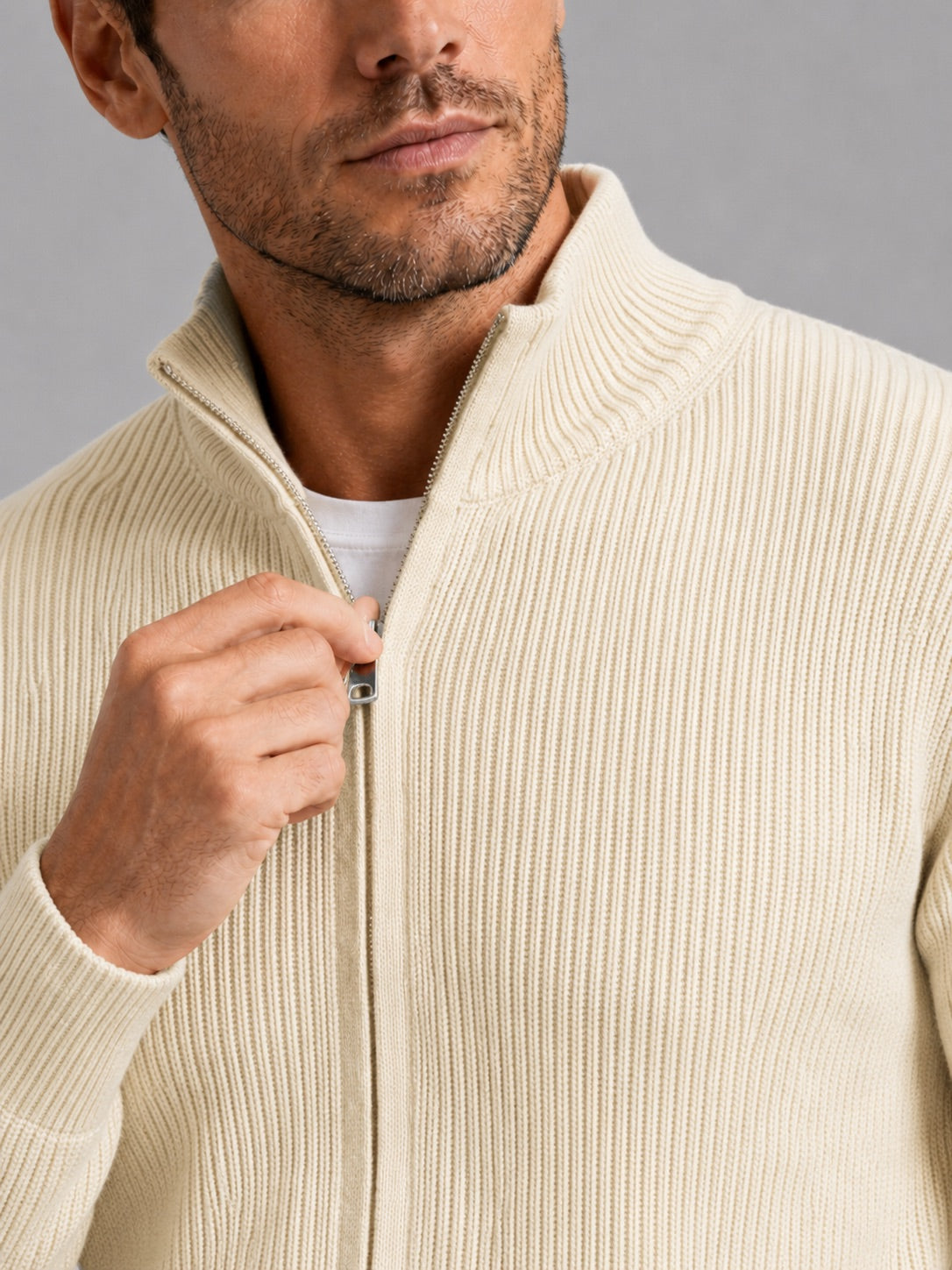 Men’s Ribbed Knit Cardigan Full Zip Stand Collar Slim Fit Long Sleeve Autumn Winter Jumper for Casual and Everyday Wear