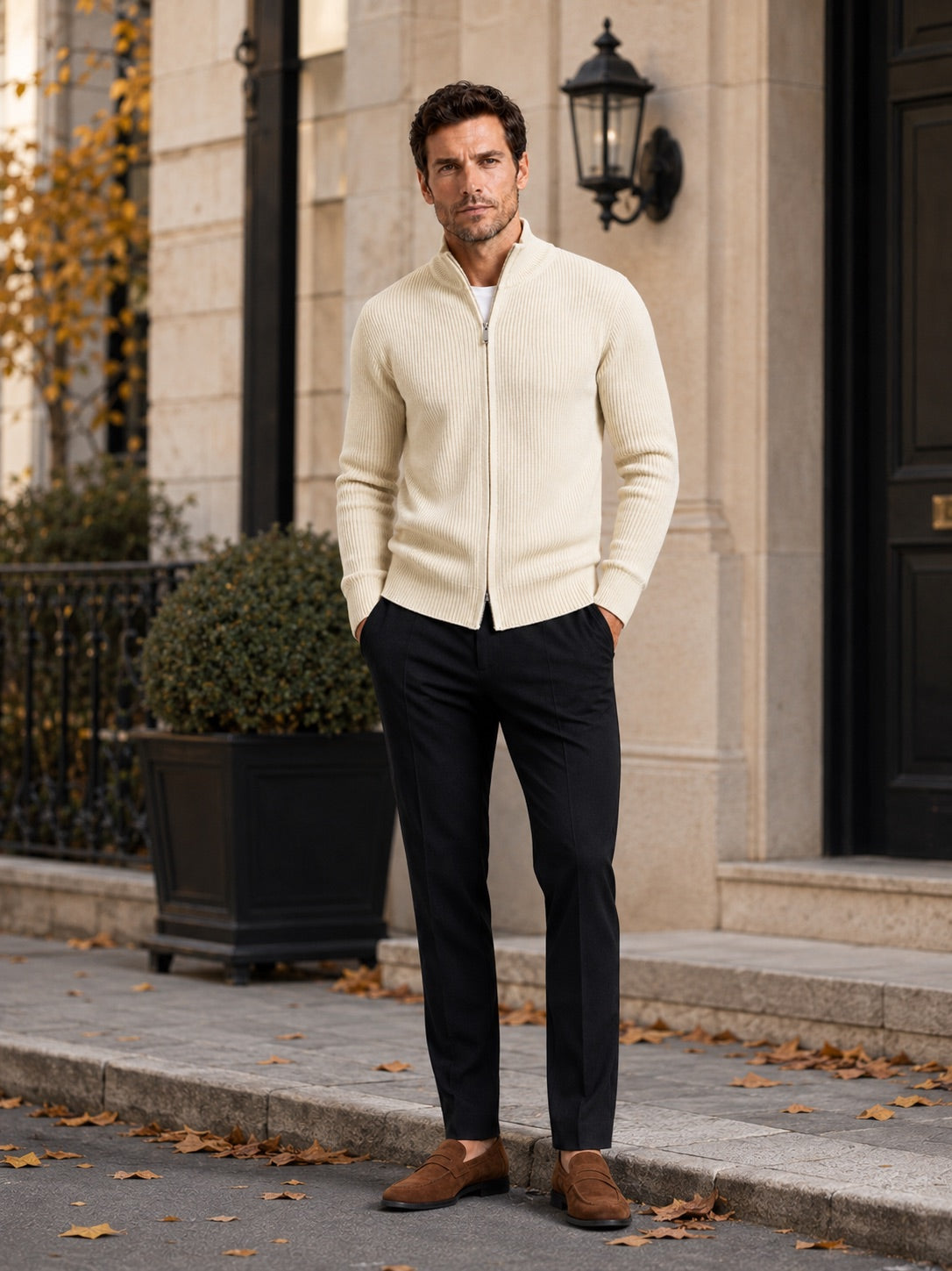 Men’s Ribbed Knit Cardigan Full Zip Stand Collar Slim Fit Long Sleeve Autumn Winter Jumper for Casual and Everyday Wear