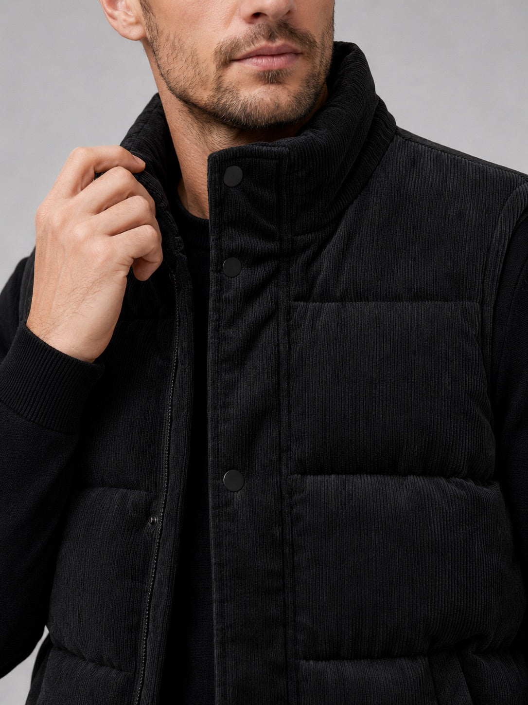 Men’s Corduroy Puffer Gilet Stand Collar Padded Thick Warm Autumn Winter Jacket for Casual and Outdoor Wear