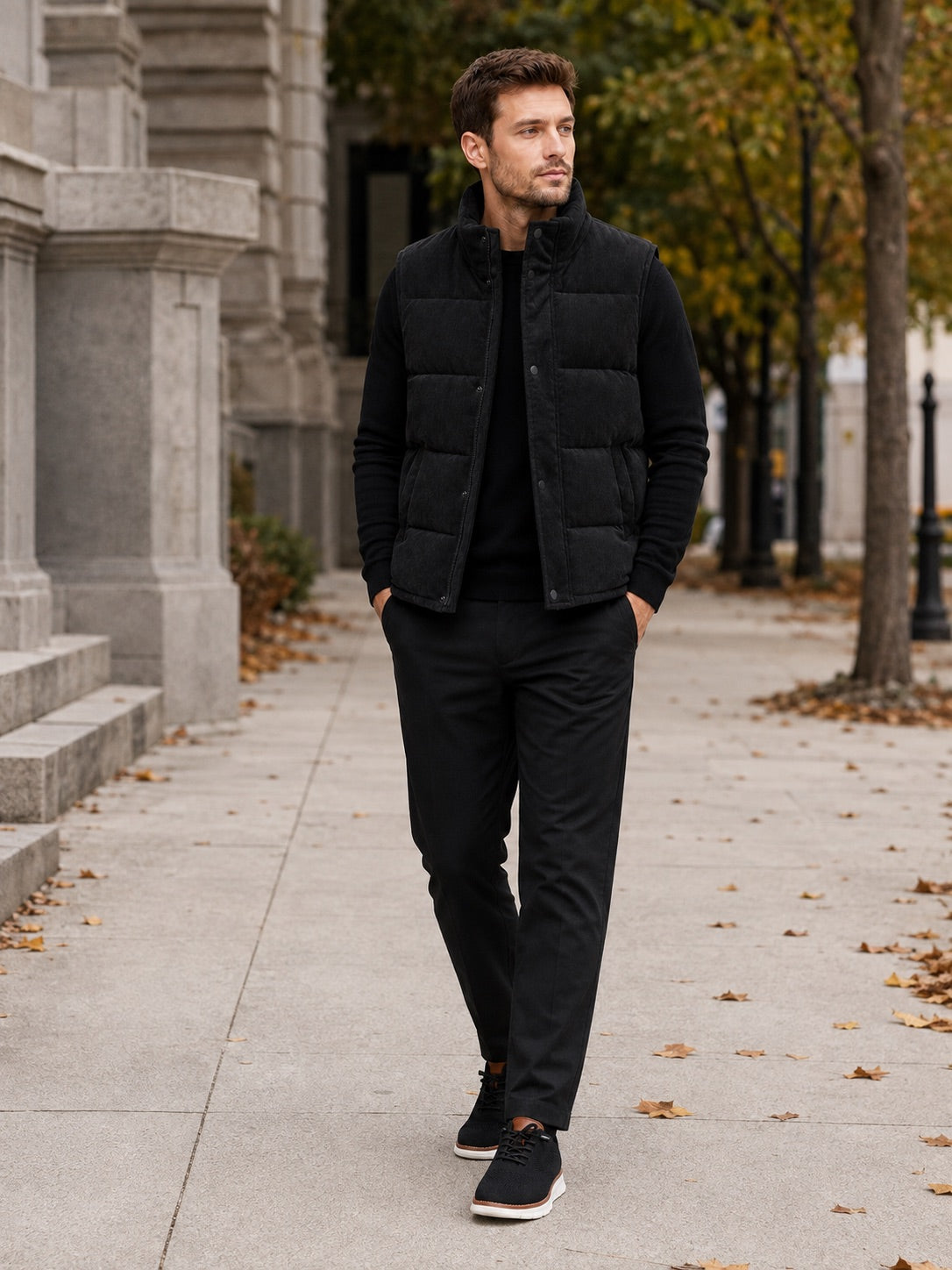 Men’s Corduroy Puffer Gilet Stand Collar Padded Thick Warm Autumn Winter Jacket for Casual and Outdoor Wear
