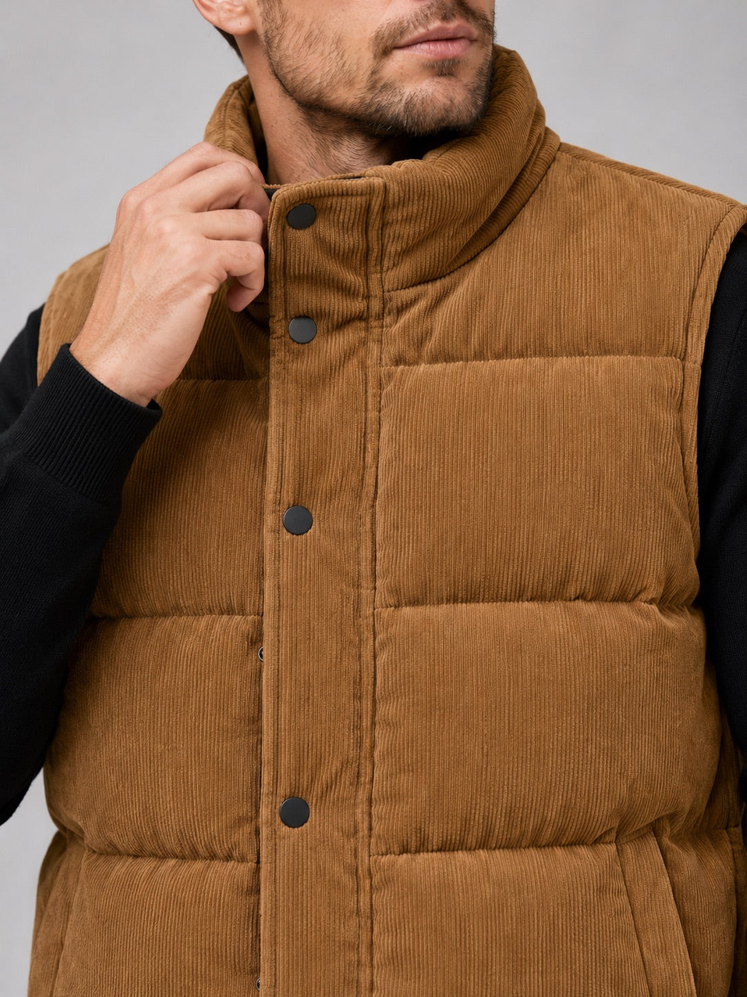 Men’s Corduroy Puffer Gilet Stand Collar Padded Thick Warm Autumn Winter Jacket for Casual and Outdoor Wear