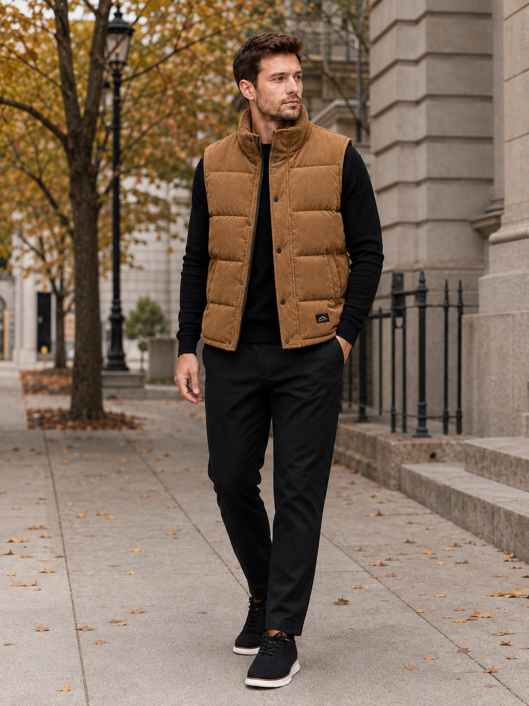 Men’s Corduroy Puffer Gilet Stand Collar Padded Thick Warm Autumn Winter Jacket for Casual and Outdoor Wear