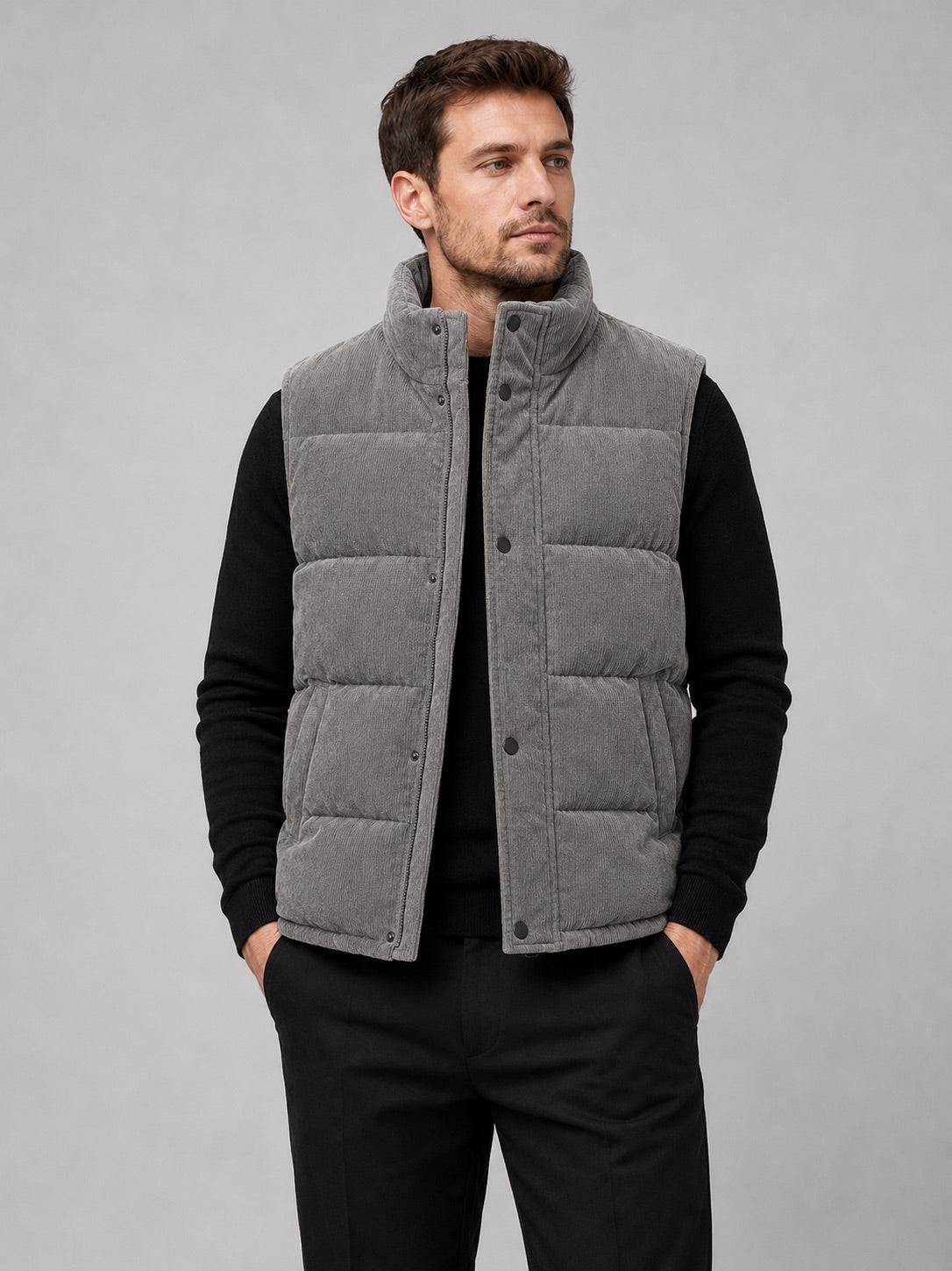 Men’s Corduroy Puffer Gilet Stand Collar Padded Thick Warm Autumn Winter Jacket for Casual and Outdoor Wear