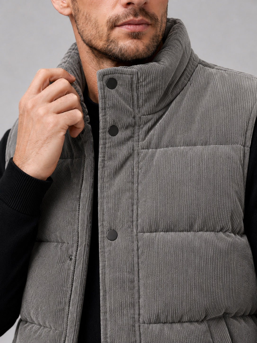 Men’s Corduroy Puffer Gilet Stand Collar Padded Thick Warm Autumn Winter Jacket for Casual and Outdoor Wear
