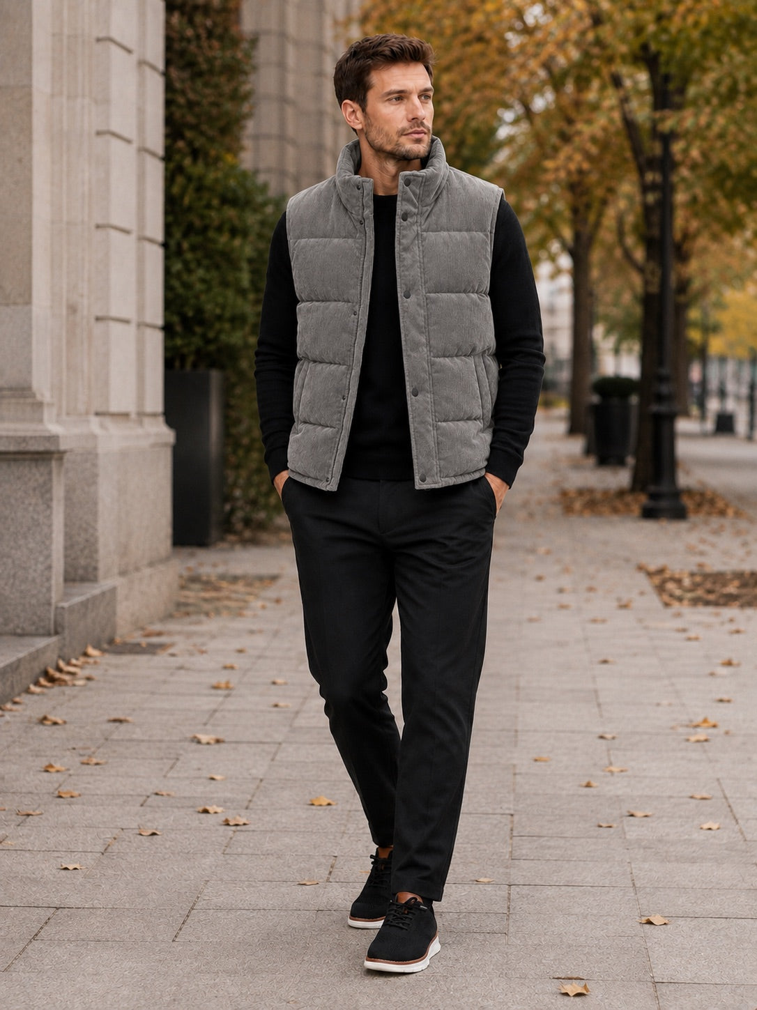 Men’s Corduroy Puffer Gilet Stand Collar Padded Thick Warm Autumn Winter Jacket for Casual and Outdoor Wear