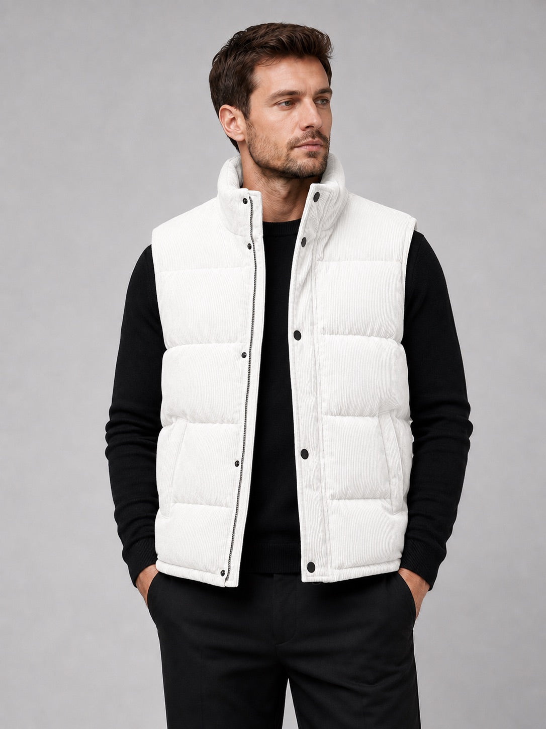 Men’s Corduroy Puffer Gilet Stand Collar Padded Thick Warm Autumn Winter Jacket for Casual and Outdoor Wear