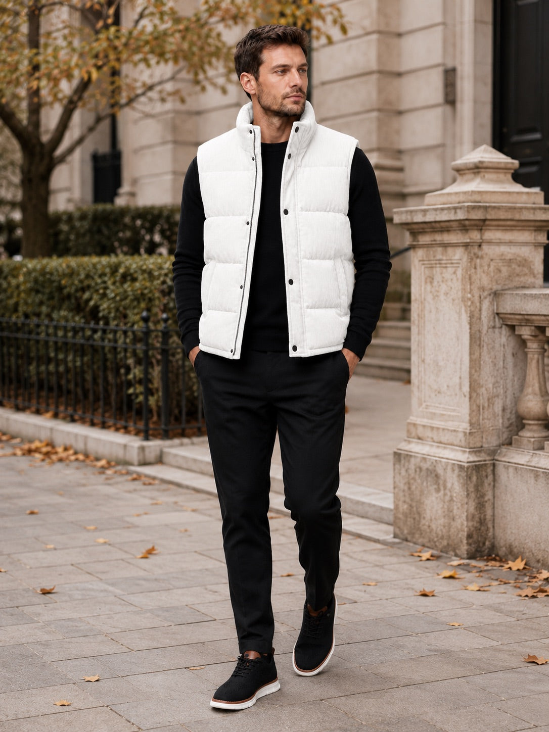 Men’s Corduroy Puffer Gilet Stand Collar Padded Thick Warm Autumn Winter Jacket for Casual and Outdoor Wear