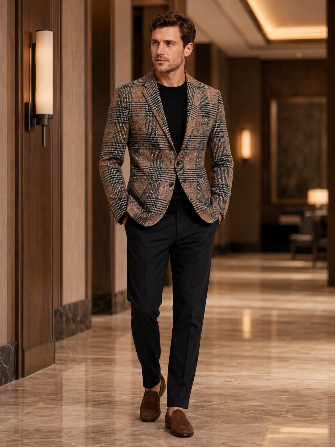 Men’s Checkered Blazer Slim Fit Business Casual Jacket for Wedding, Banquet and Office Wear
