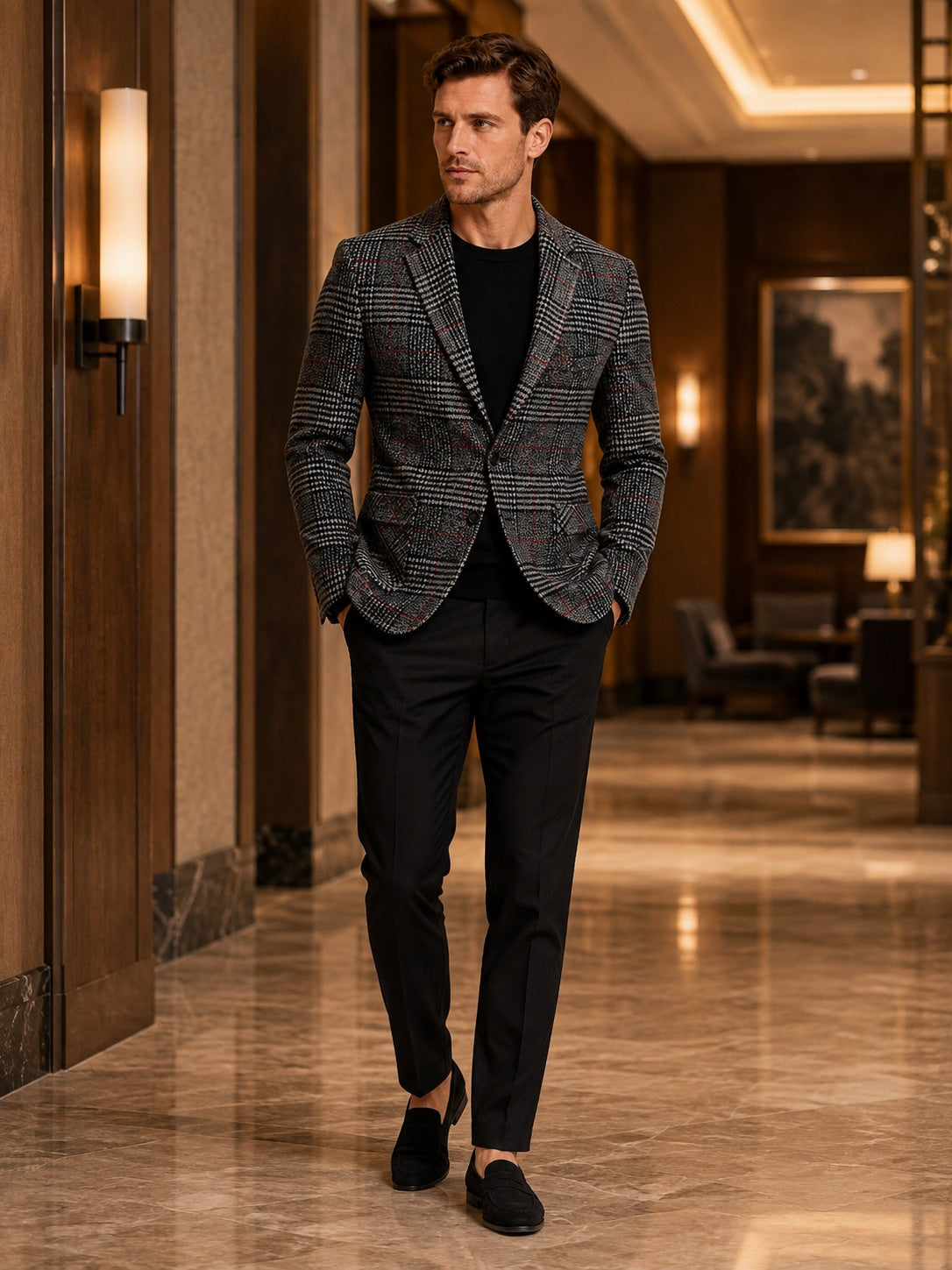 Men’s Checkered Blazer Slim Fit Business Casual Jacket for Wedding, Banquet and Office Wear