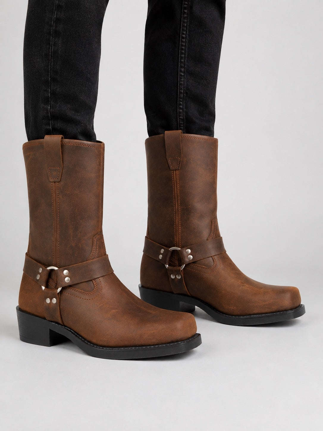 Men’s Mid Calf Cowboy Boots Leather Slip-On Western Boots Autumn Winter Shoes for Casual and Everyday Wear
