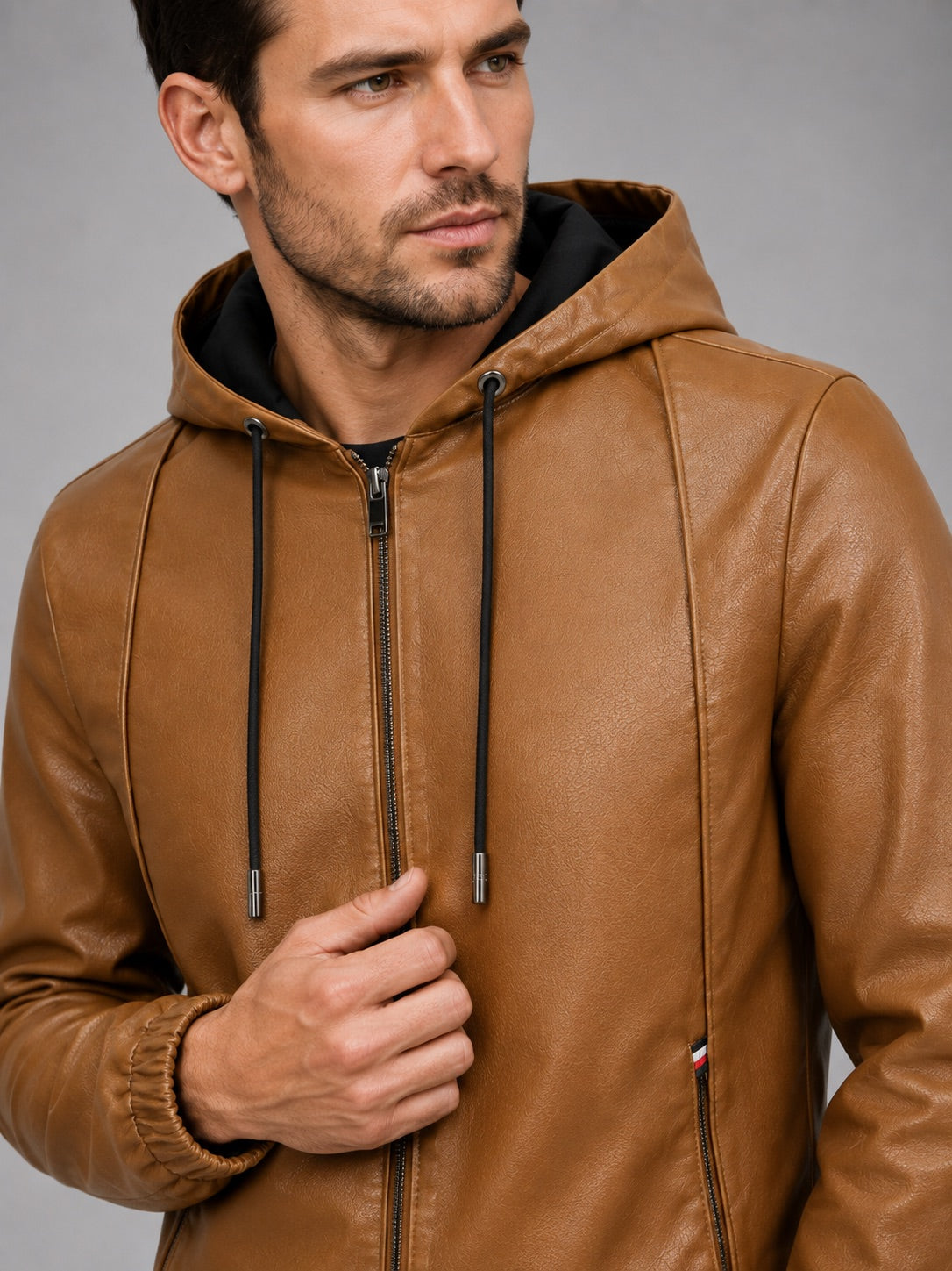 Men’s Hooded Leather Autumn Jacket Zip-Up Warm Autumn Winter Casual Coat for Everyday and Outdoor Wear