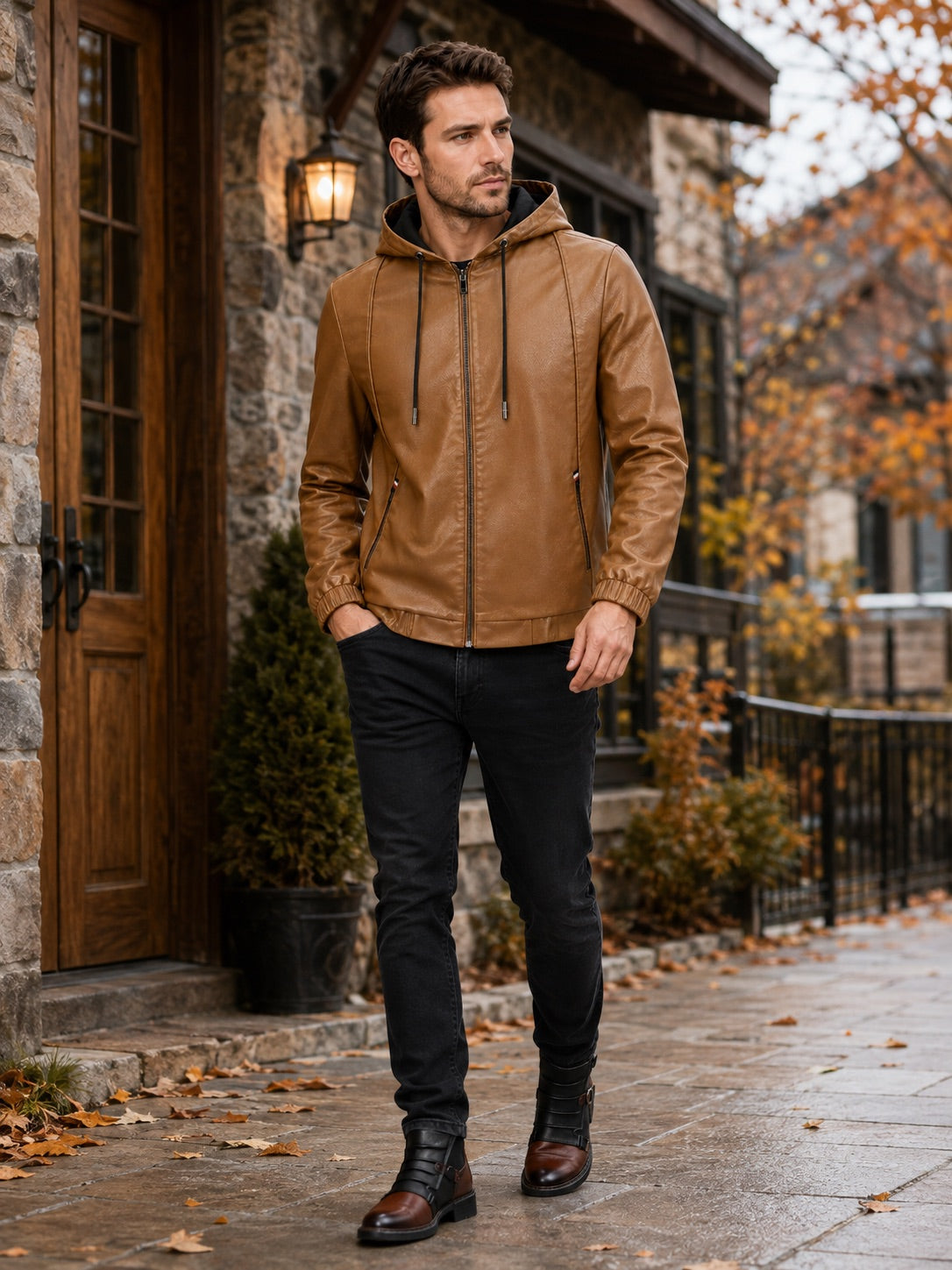 Men’s Hooded Leather Autumn Jacket Zip-Up Warm Autumn Winter Casual Coat for Everyday and Outdoor Wear