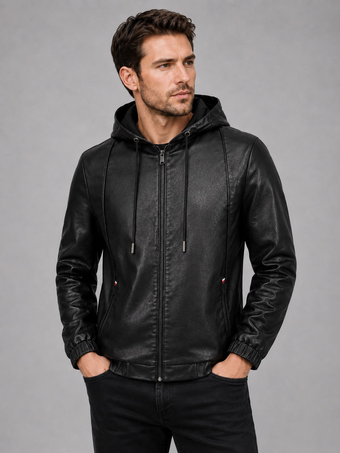 Men’s Hooded Leather Autumn Jacket Zip-Up Warm Autumn Winter Casual Coat for Everyday and Outdoor Wear