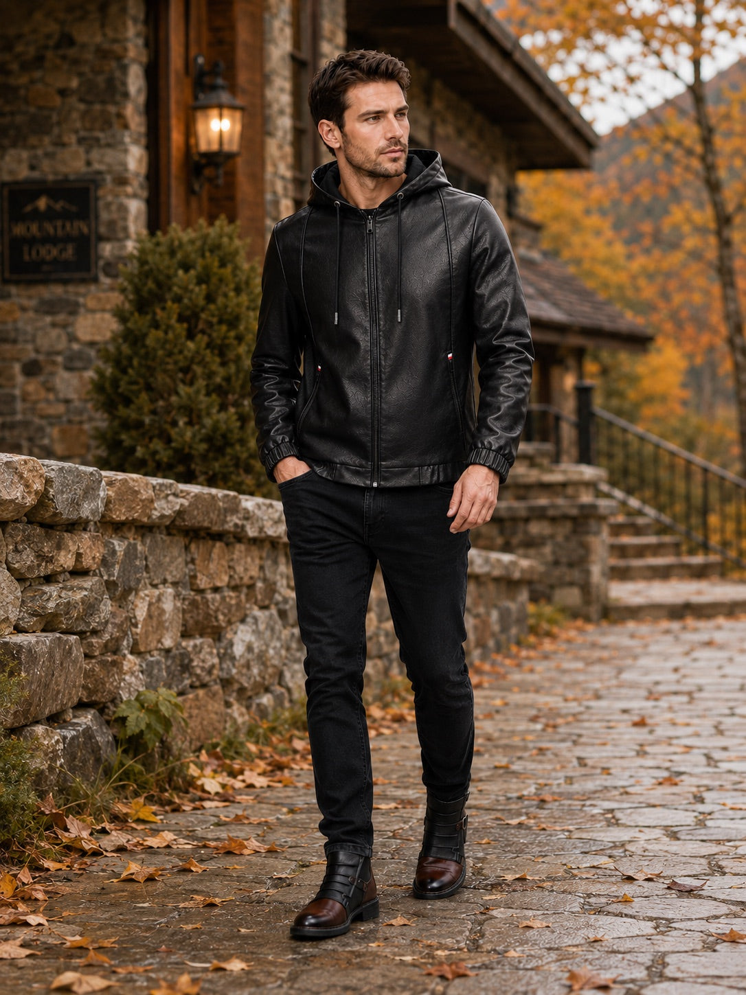 Men’s Hooded Leather Autumn Jacket Zip-Up Warm Autumn Winter Casual Coat for Everyday and Outdoor Wear