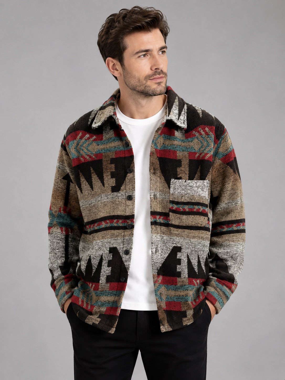 Men’s Heavyweight Flannel Autumn Jacket Wool Blend Ethnic Print Autumn Winter Shacket for Casual and Outdoor Wear