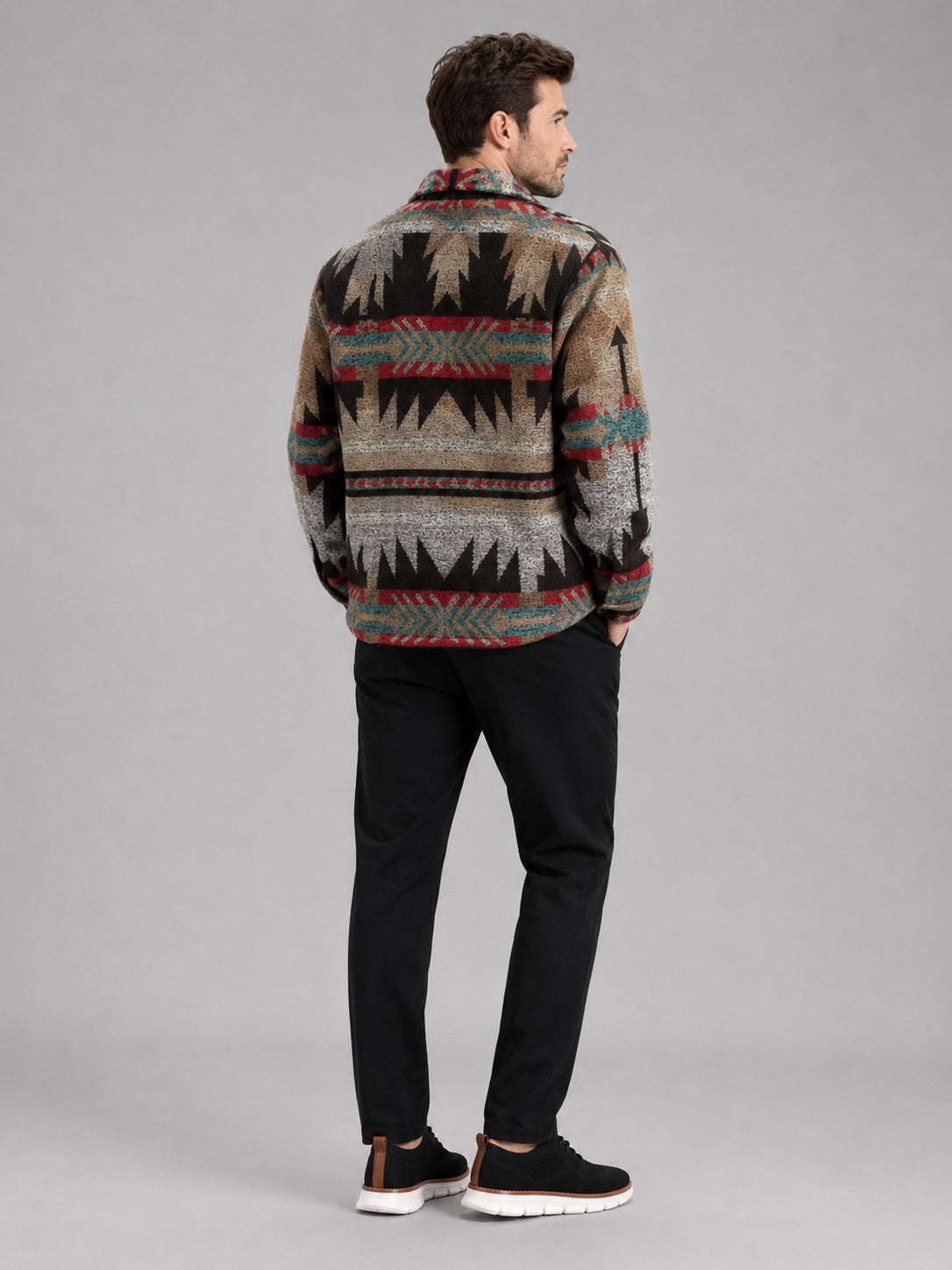 Men’s Heavyweight Flannel Autumn Jacket Wool Blend Ethnic Print Autumn Winter Shacket for Casual and Outdoor Wear
