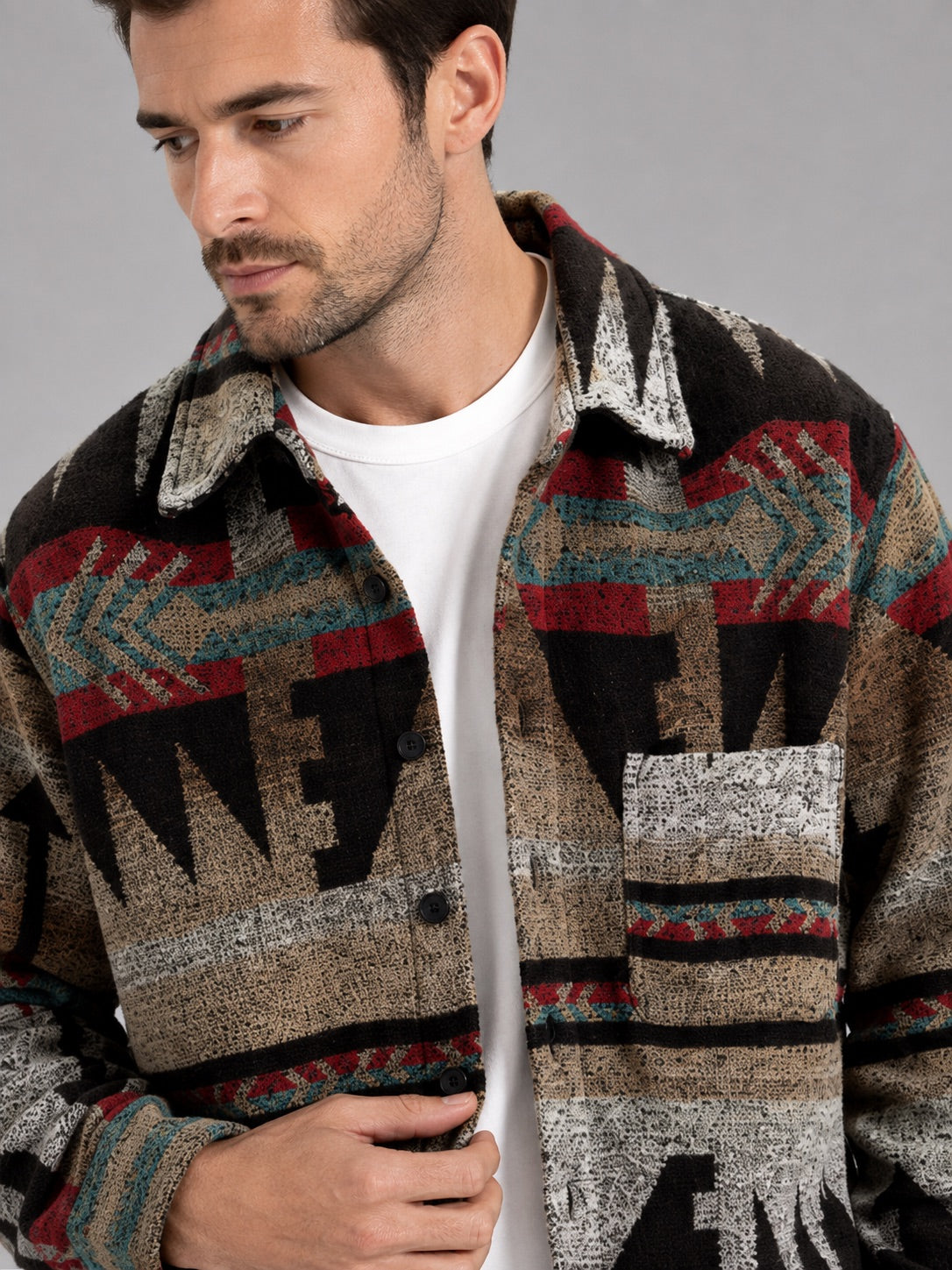Men’s Heavyweight Flannel Autumn Jacket Wool Blend Ethnic Print Autumn Winter Shacket for Casual and Outdoor Wear