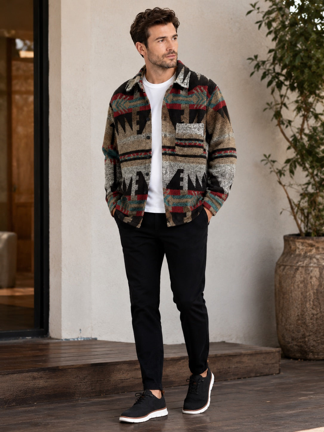 Men’s Heavyweight Flannel Autumn Jacket Wool Blend Ethnic Print Autumn Winter Shacket for Casual and Outdoor Wear