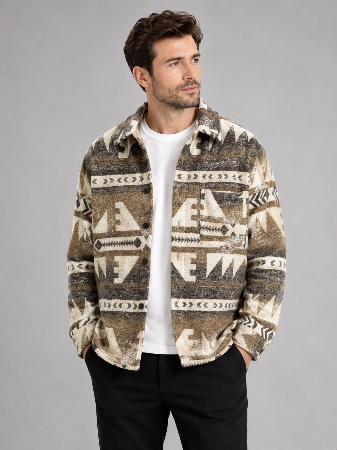 Men’s Heavyweight Flannel Autumn Jacket Wool Blend Ethnic Print Autumn Winter Shacket for Casual and Outdoor Wear