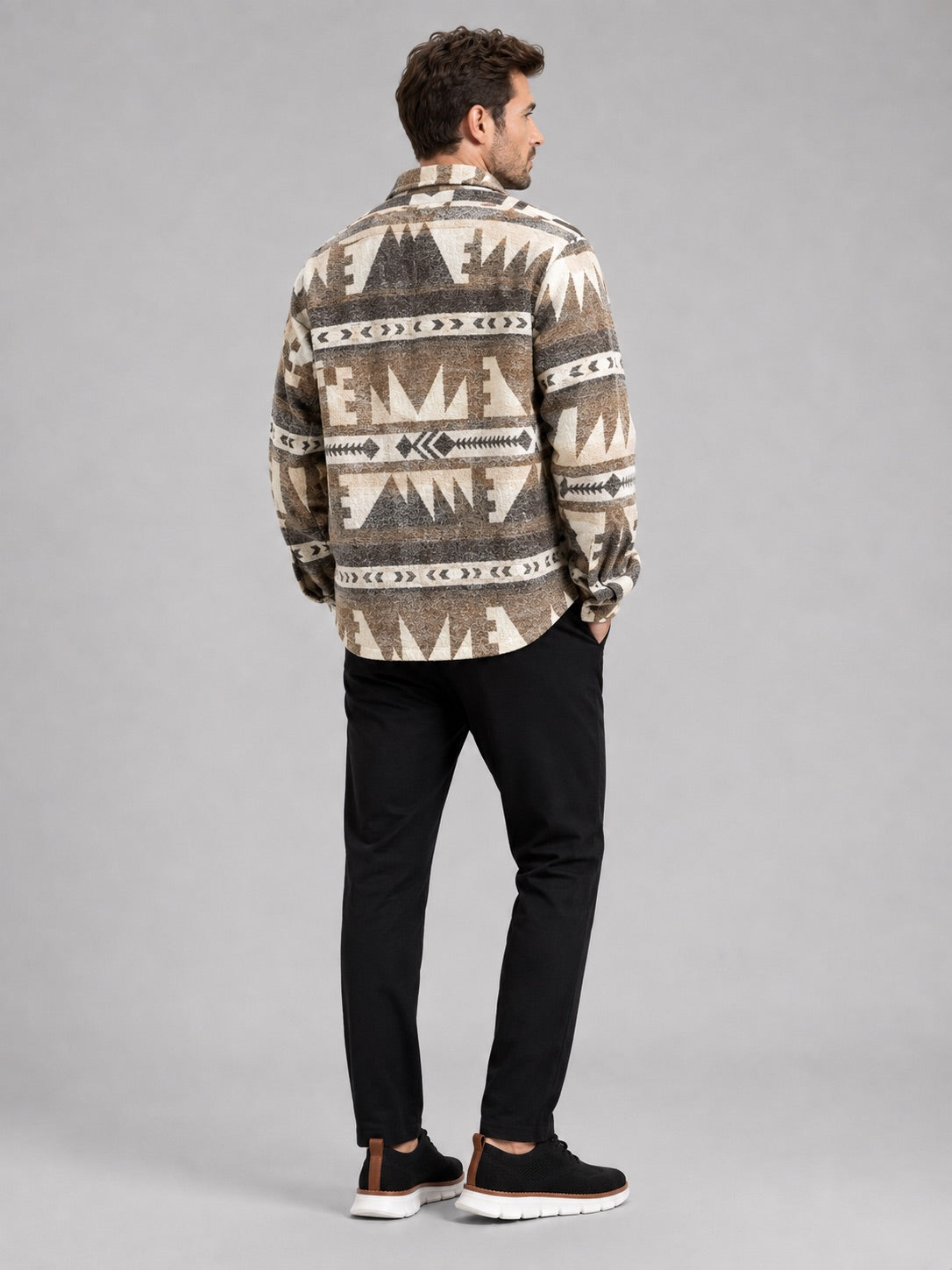 Men’s Heavyweight Flannel Autumn Jacket Wool Blend Ethnic Print Autumn Winter Shacket for Casual and Outdoor Wear