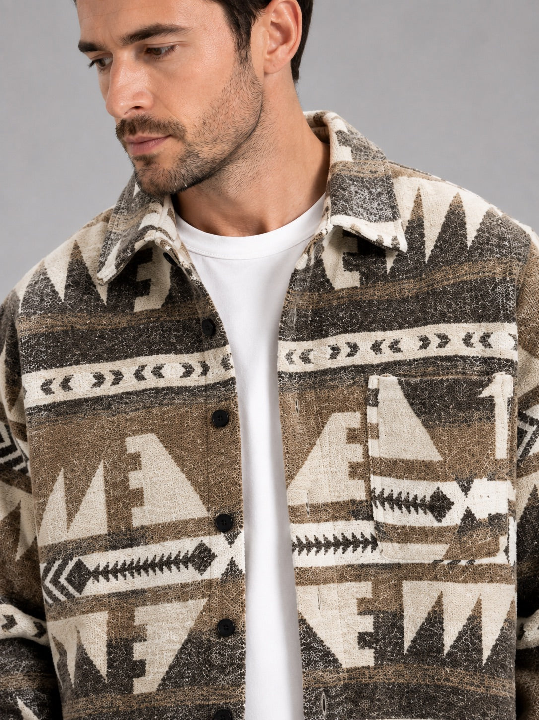 Men’s Heavyweight Flannel Autumn Jacket Wool Blend Ethnic Print Autumn Winter Shacket for Casual and Outdoor Wear