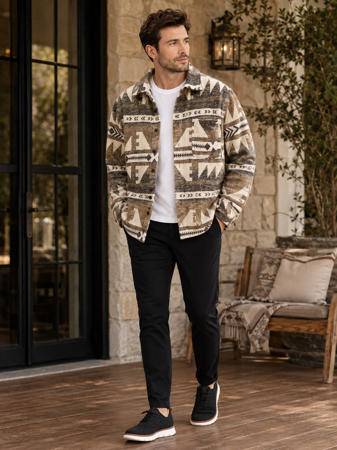 Men’s Heavyweight Flannel Autumn Jacket Wool Blend Ethnic Print Autumn Winter Shacket for Casual and Outdoor Wear