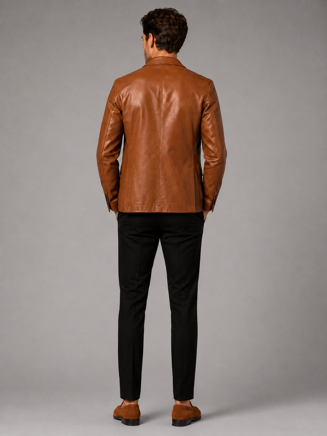 Men’s Leather Blazer Jacket Slim Fit Lapel Autumn Winter Business Casual Coat for Office and Evening Wear
