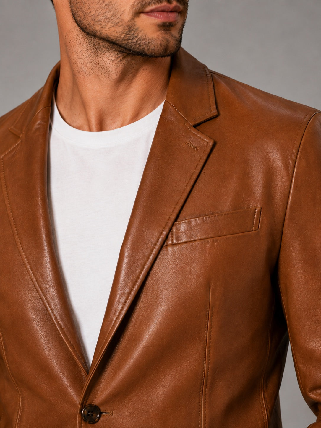 Men’s Leather Blazer Jacket Slim Fit Lapel Autumn Winter Business Casual Coat for Office and Evening Wear