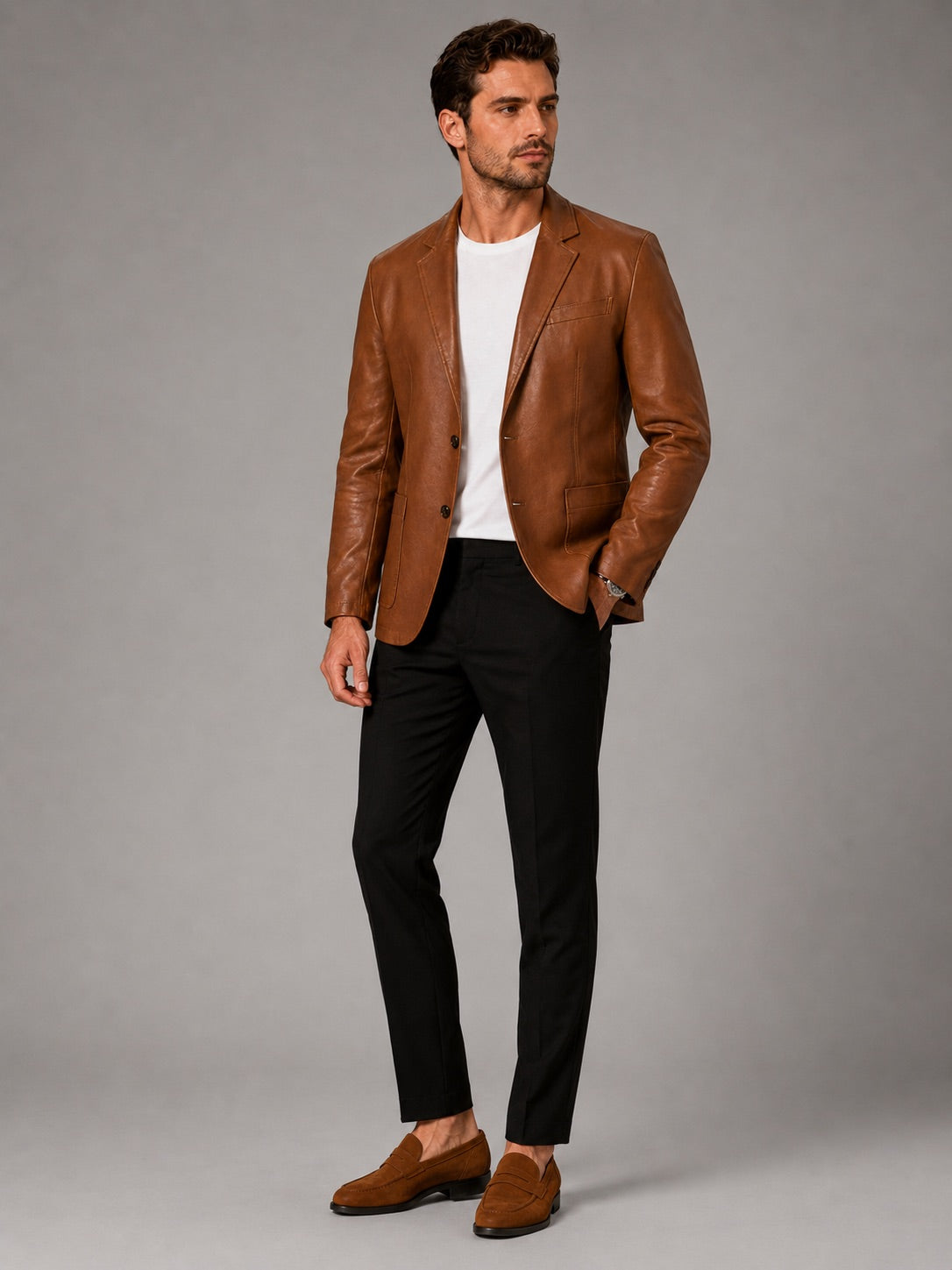 Men’s Leather Blazer Jacket Slim Fit Lapel Autumn Winter Business Casual Coat for Office and Evening Wear