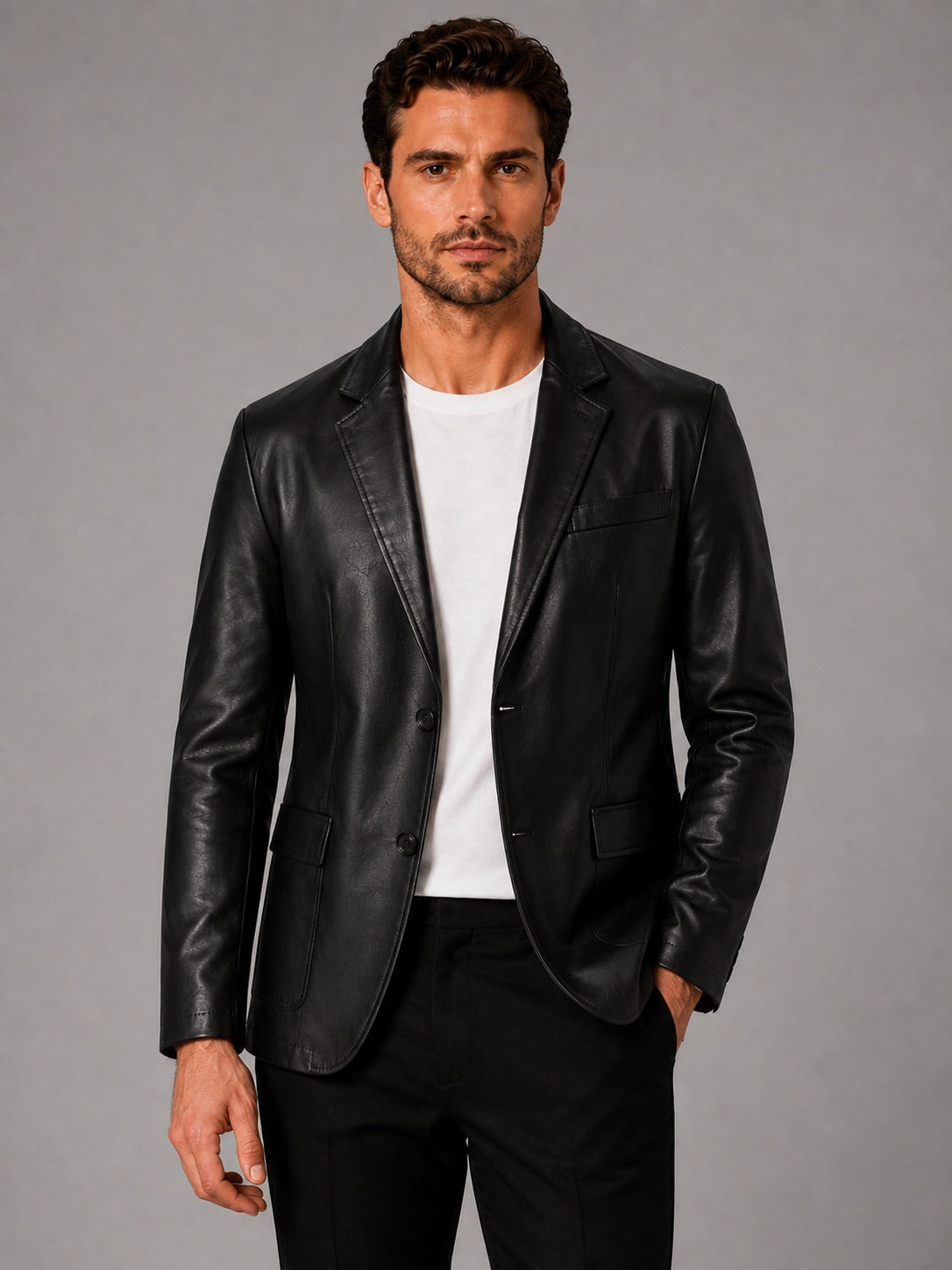 Men’s Leather Blazer Jacket Slim Fit Lapel Autumn Winter Business Casual Coat for Office and Evening Wear