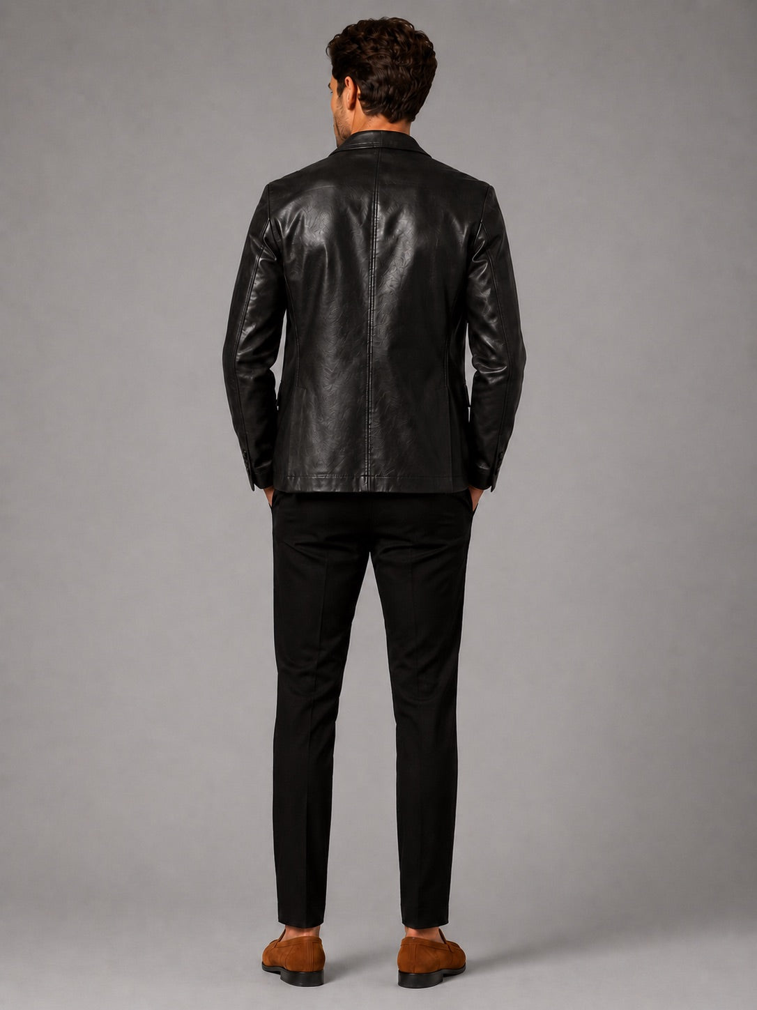 Men’s Leather Blazer Jacket Slim Fit Lapel Autumn Winter Business Casual Coat for Office and Evening Wear