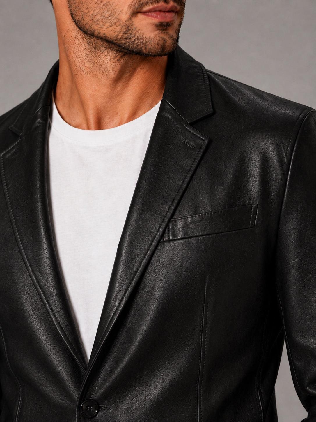 Men’s Leather Blazer Jacket Slim Fit Lapel Autumn Winter Business Casual Coat for Office and Evening Wear