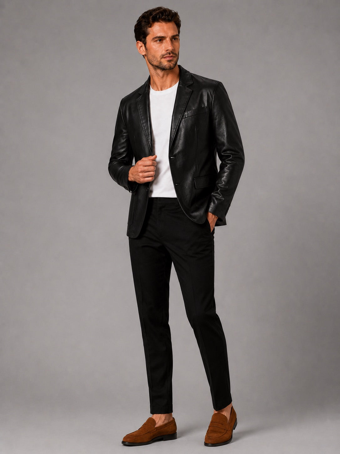 Men’s Leather Blazer Jacket Slim Fit Lapel Autumn Winter Business Casual Coat for Office and Evening Wear