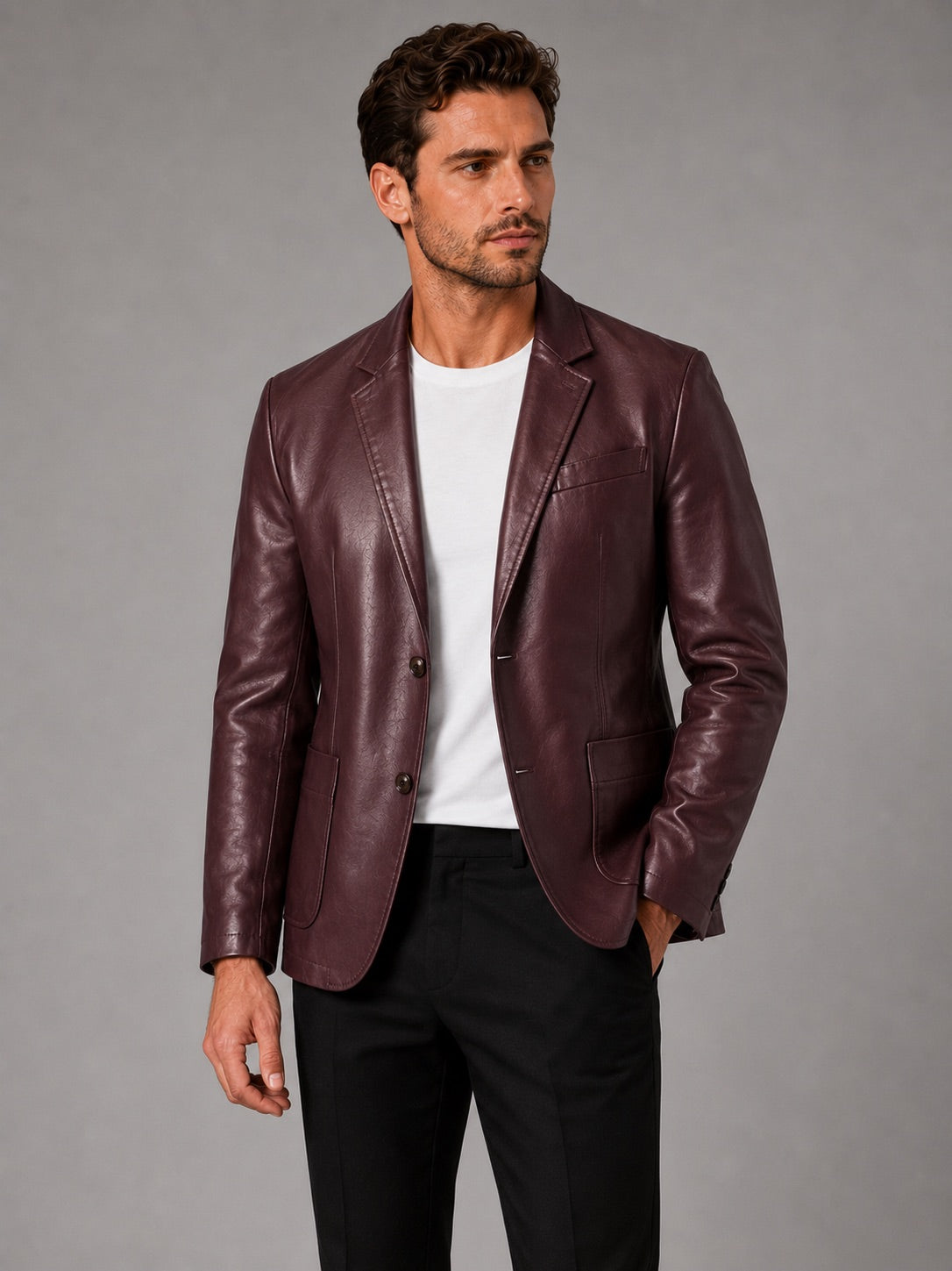 Men’s Leather Blazer Jacket Slim Fit Lapel Autumn Winter Business Casual Coat for Office and Evening Wear