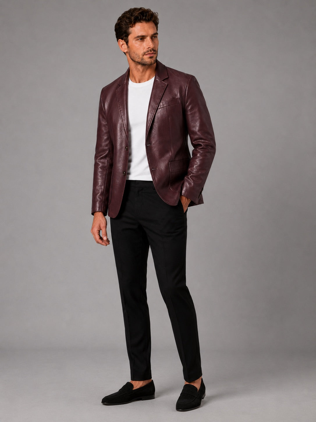 Men’s Leather Blazer Jacket Slim Fit Lapel Autumn Winter Business Casual Coat for Office and Evening Wear