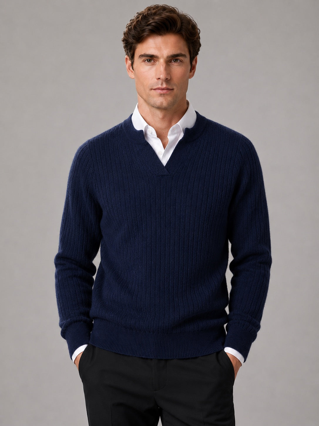 Men’s Merino Wool Open Collar Jumper Warm Autumn Winter Knit Top for Business Casual and Everyday Wear