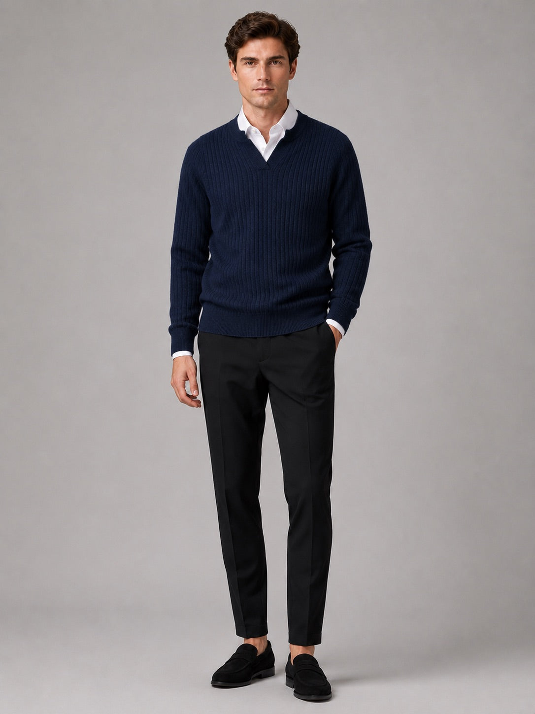 Men’s Merino Wool Open Collar Jumper Warm Autumn Winter Knit Top for Business Casual and Everyday Wear