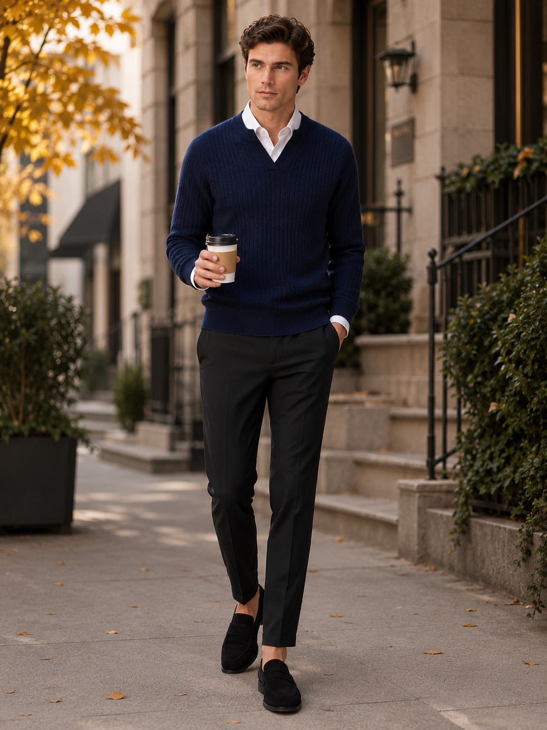 Men’s Merino Wool Open Collar Jumper Warm Autumn Winter Knit Top for Business Casual and Everyday Wear