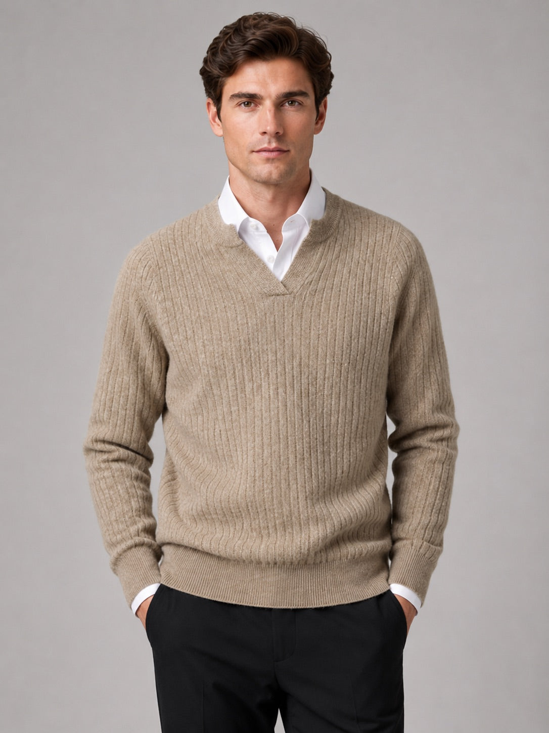 Men’s Merino Wool Open Collar Jumper Warm Autumn Winter Knit Top for Business Casual and Everyday Wear