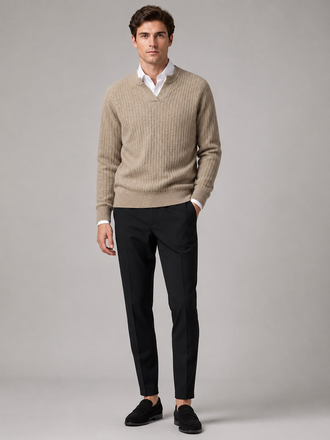 Men’s Merino Wool Open Collar Jumper Warm Autumn Winter Knit Top for Business Casual and Everyday Wear