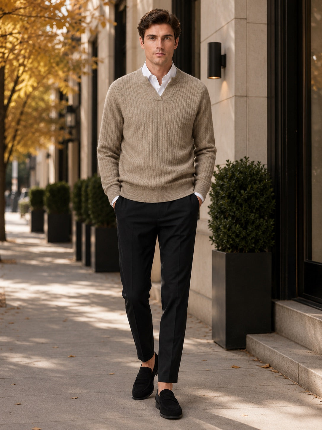 Men’s Merino Wool Open Collar Jumper Warm Autumn Winter Knit Top for Business Casual and Everyday Wear
