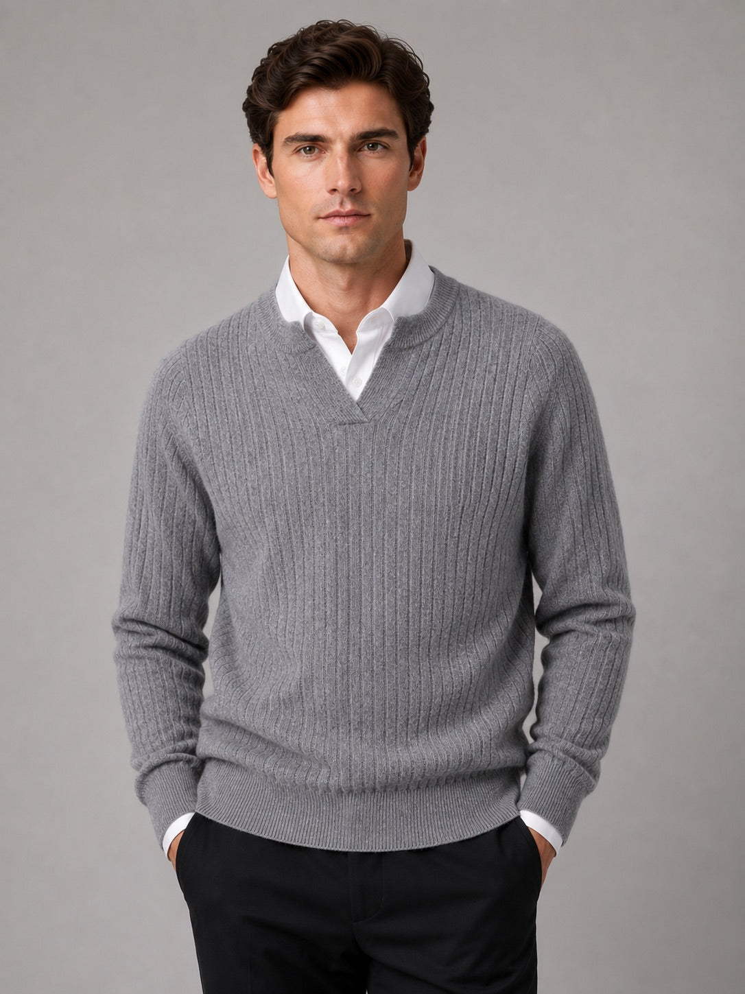 Men’s Merino Wool Open Collar Jumper Warm Autumn Winter Knit Top for Business Casual and Everyday Wear