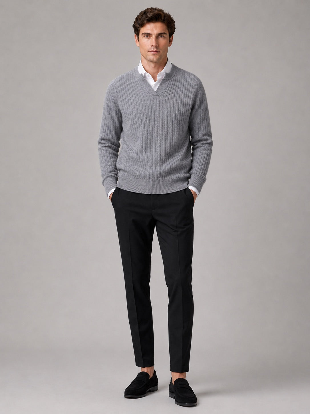 Men’s Merino Wool Open Collar Jumper Warm Autumn Winter Knit Top for Business Casual and Everyday Wear